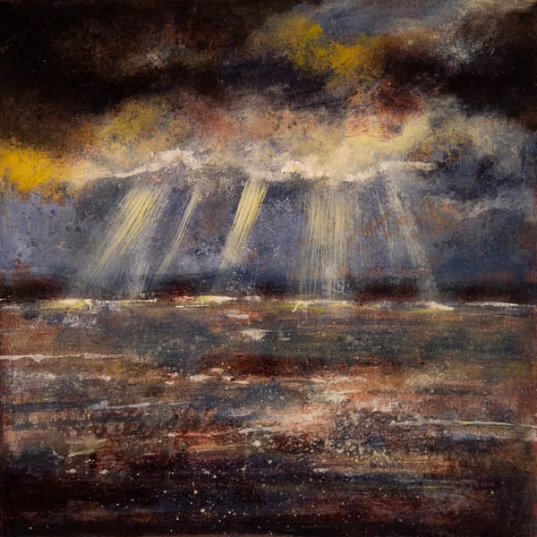 The song art for the song "Hallelujah Clouds" from the album Redshift by The Okay Lakes. An original painting by David Bez.